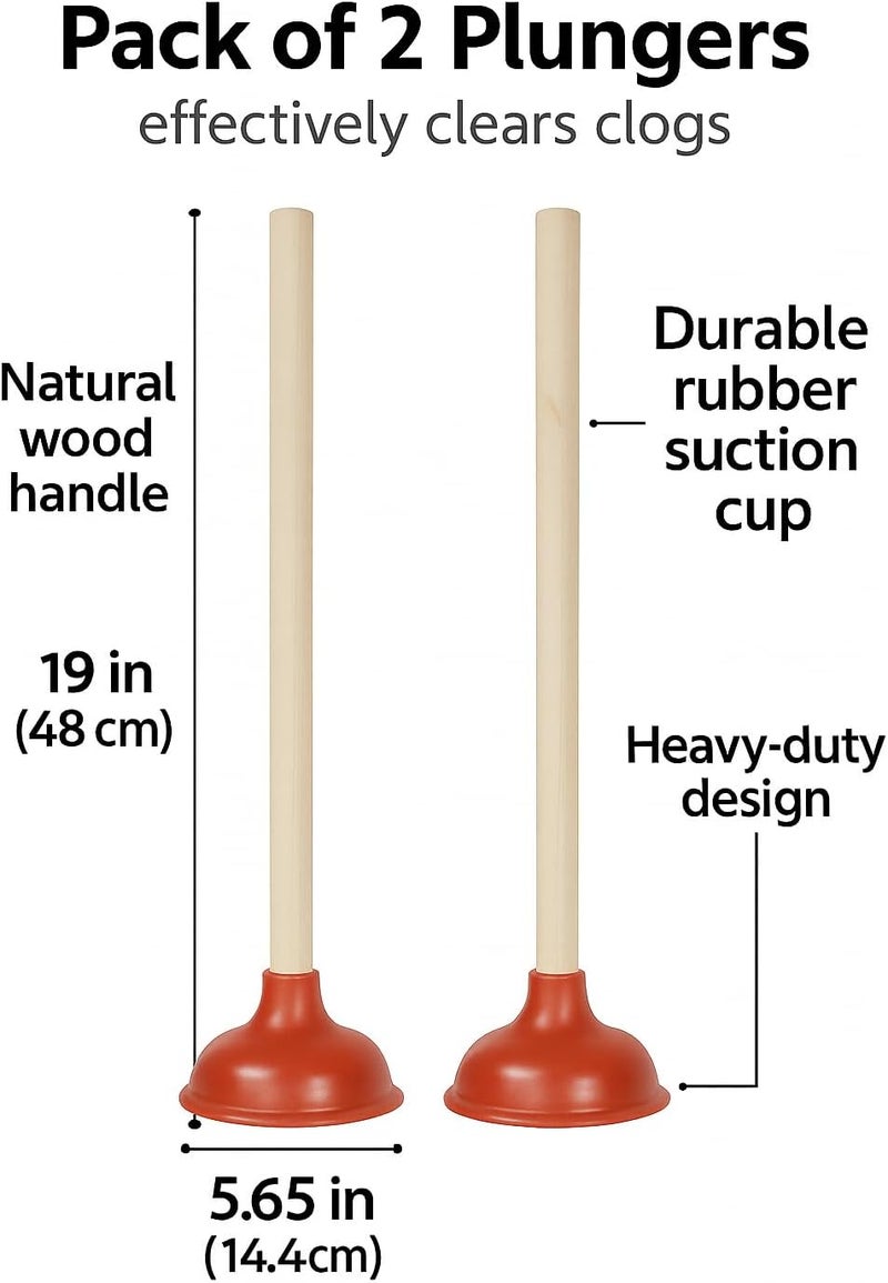 Bexter 19-Inch Toilet Plunger, Pack of 2 – Wooden Handle & Heavy-Duty Rubber Cup for Toilets, Sinks & Drains – Auburn - Image 2